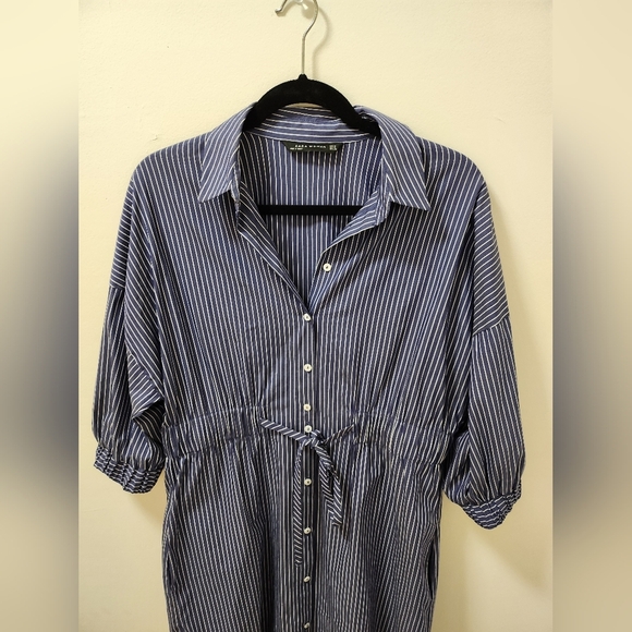 ZARA Preppy Shirt Dress long sleeve drawstring waist striped Size Medium - Picture 13 of 15